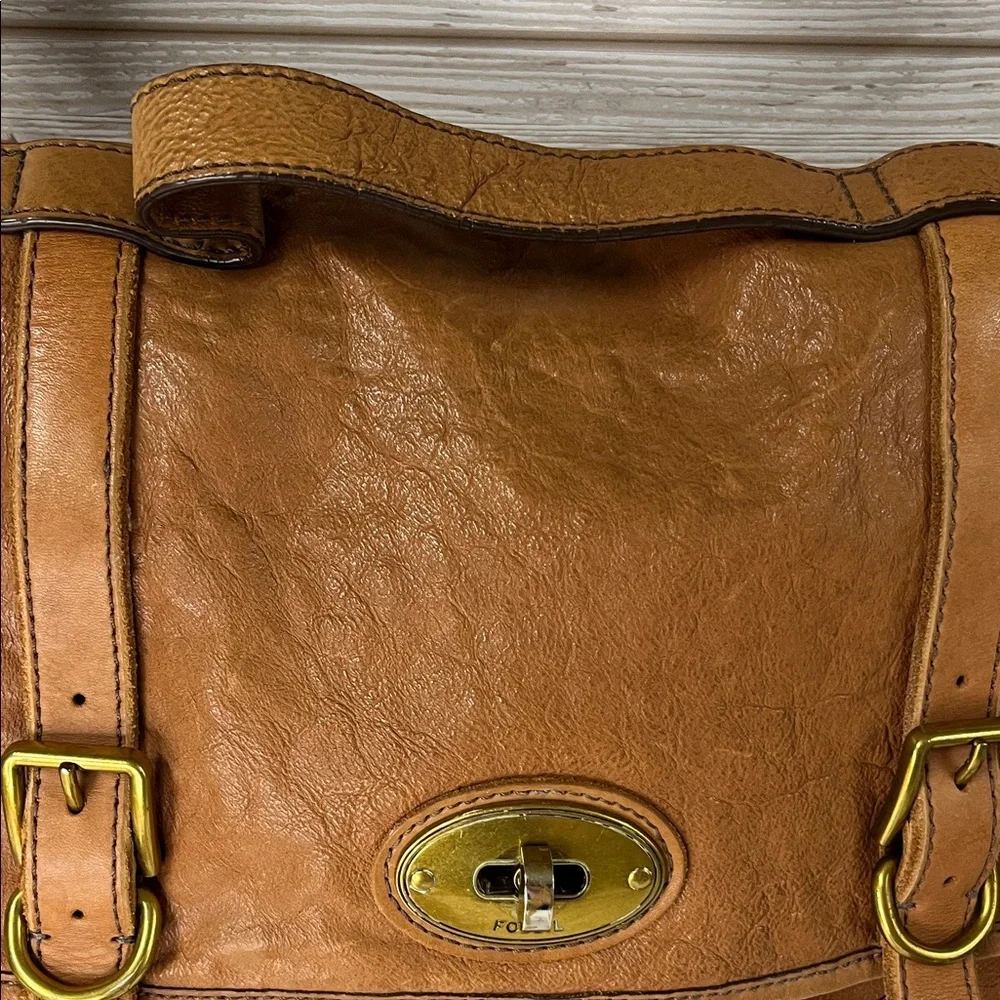 Fossil Cognac Brown Leather Messenger Bag with Brass Hardware